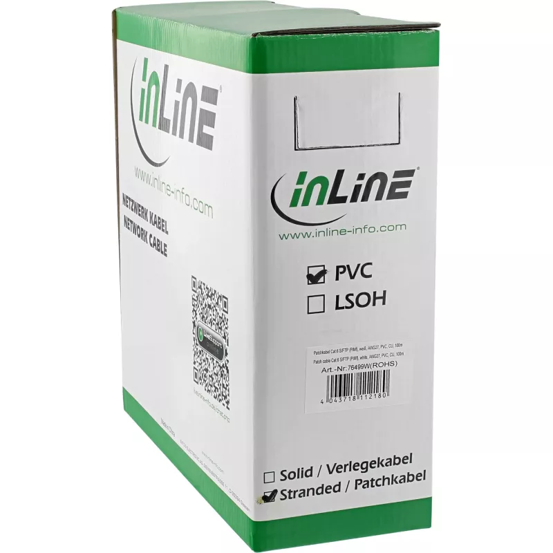 Cabo de rede InLine S/FTP PiMF Cat.6 AWG27 PVC CU 100 m, branco