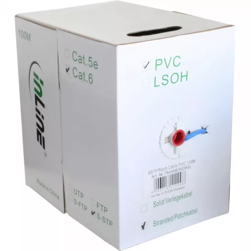 Cabo de rede Ethernet InLine Cat6 S/FTP PiMF AWG27 PVC, 100 m, azul