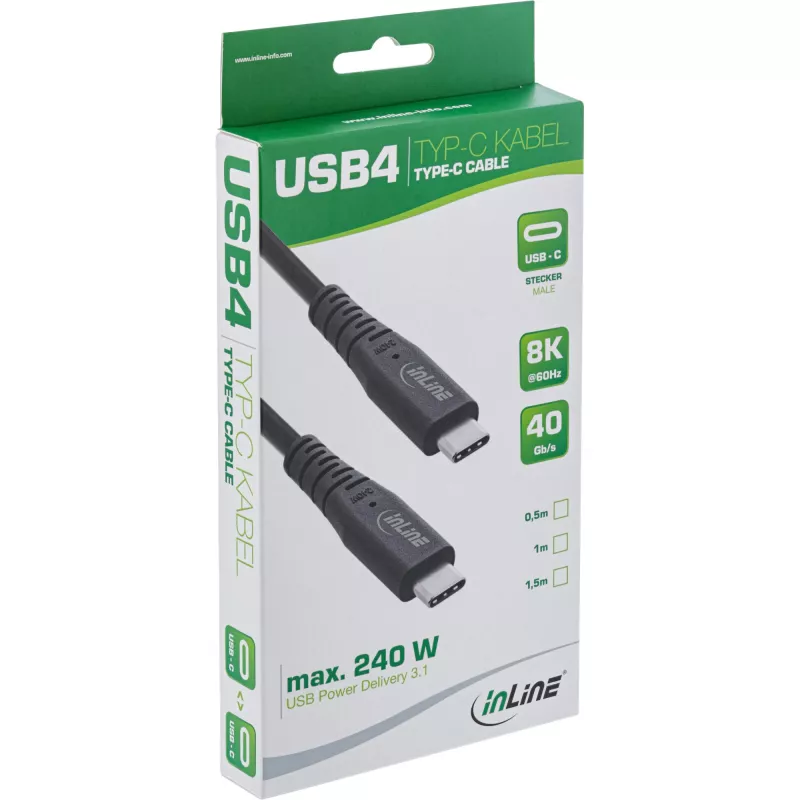 Cabo USB4 InLine, USB-C macho/macho, PD 240W, 8K60Hz, TPE preto 1 m