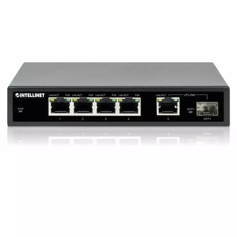 Intellinet Switch Gigabit Ethernet PoE+ de 5 portas com porta SFP, orçamento PoE de 91W