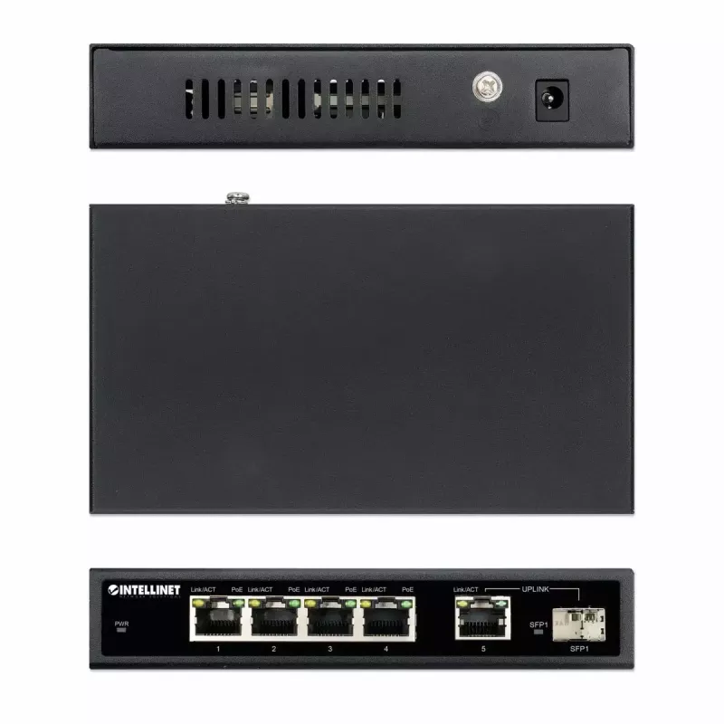 Intellinet Switch Gigabit Ethernet PoE+ de 5 portas com porta SFP, orçamento PoE de 91W