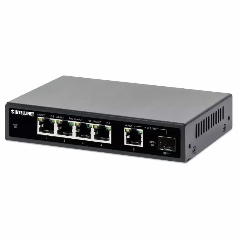Intellinet Switch Gigabit Ethernet PoE+ de 5 portas com porta SFP, orçamento PoE de 91W