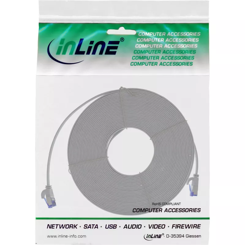 Cabo de rede flat InLine, U/FTP, Cat.6A, TPE sem halogéneos, cinzento, 15 m
