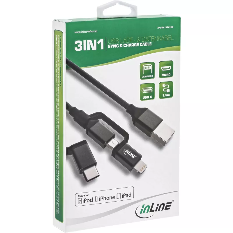 Cabo USB 3-em-1 InLine, USB-A macho para Micro-USB+USB-C+Lightning, preto/alumínio