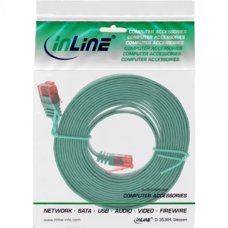 Cabo patch plano ultraslim InLine U/UTP Cat.6 Gigabit verde 3 m