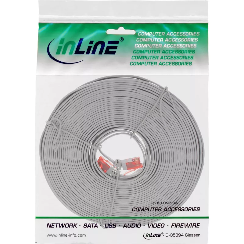 Cabo patch plano ultrafino InLine U/UTP Cat.6 Gigabit cinzento 10 m