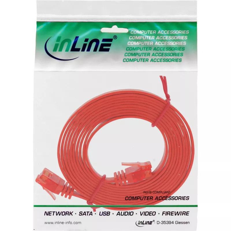 Cabo patch plano ultrafino InLine U/UTP Cat.6 Gigabit vermelho 2 m