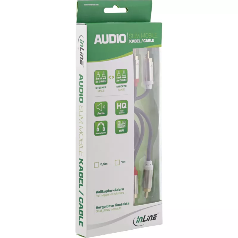 Cabo de áudio fino InLine 2x RCA macho/macho, estéreo, 0,5 m, 2 x RCA, ficha, 2 x RCA + USB, ficha, 0,5 m, preto