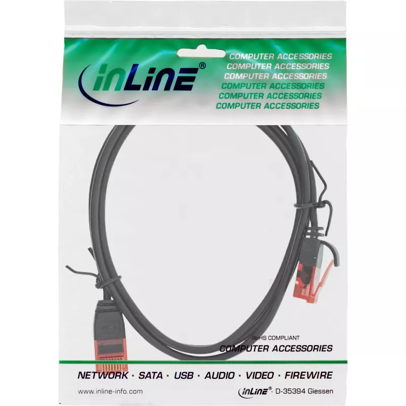 Cabo de rede fino InLine, U/UTP, Cat.6, preto, 2,5 m