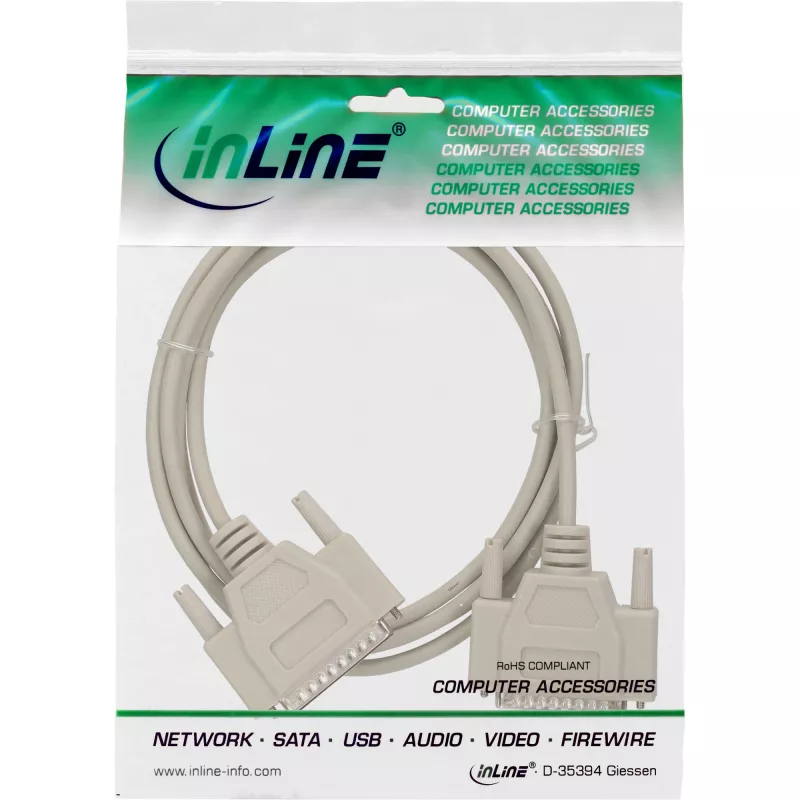 Cabo serial InLine, moldado, DB25 macho/macho, direto, cinzento, 2 m