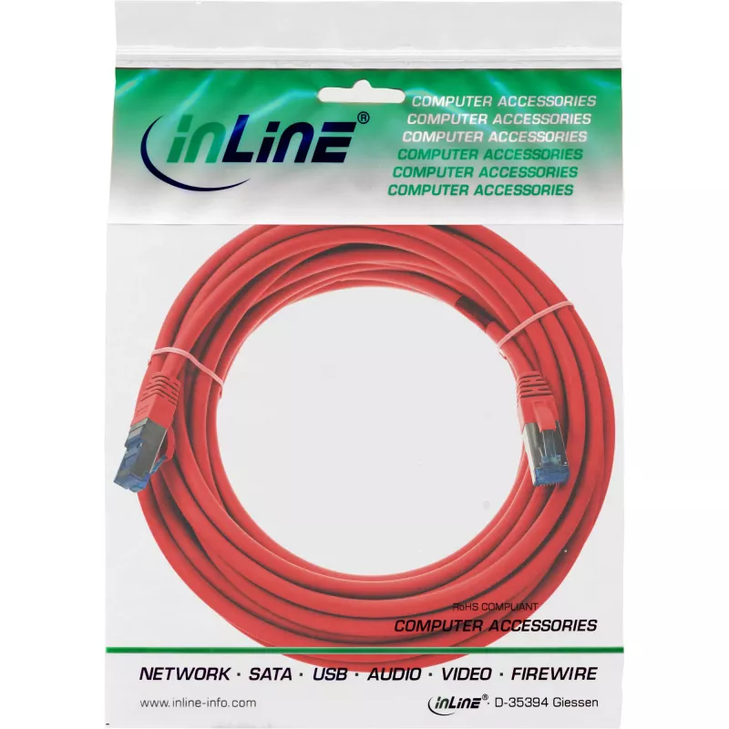 Cabo de rede patch InLine S/FTP PiMF Cat.6A sem halogéneos 500MHz vermelho 15m