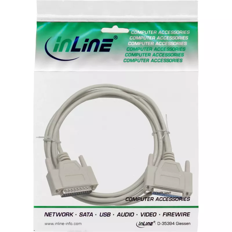 Cabo serial InLine, moldado, DB25 macho / fêmea, direto, cinzento, 10 m