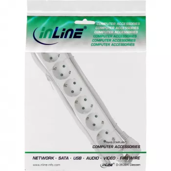 Régua de tomadas InLine, 6 tomadas Schuko CEE 7/3, branco, 1,5 m