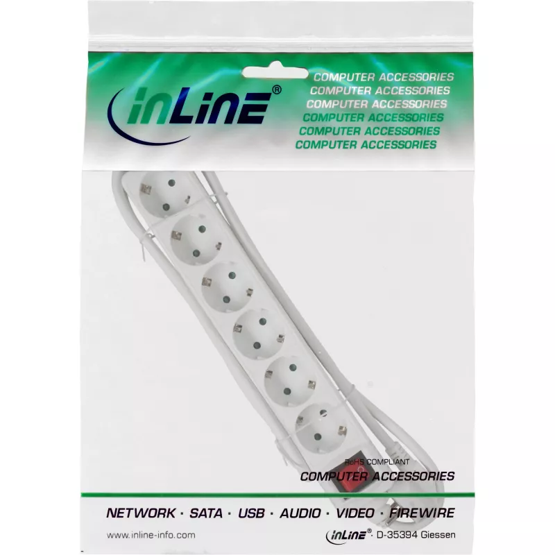 Régua de tomadas InLine, 6 tomadas Schuko CEE 7/3, branco, 3 m