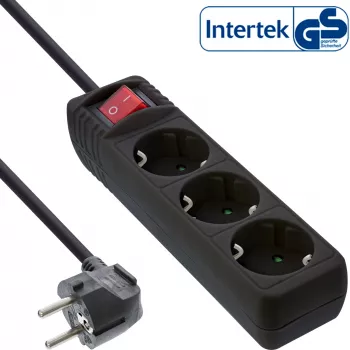 Régua de tomadas InLine, 3 tomadas Schuko CEE 7/3, com interruptor, preto, 5 m