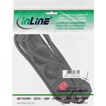 Régua de tomadas InLine, 3 tomadas Schuko CEE 7/3, com interruptor, preto, 5 m