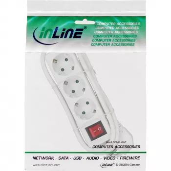Régua de tomadas InLine, 3 tomadas Schuko CEE 7/3, com interruptor, branco, 5 m