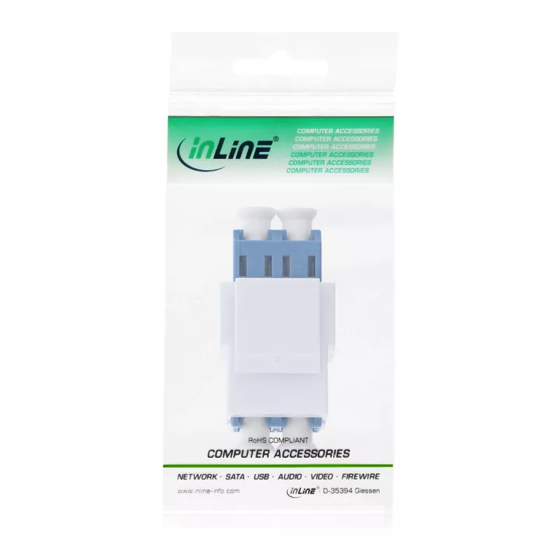 Adaptador keystone snap-in FO InLine branco, duplex LC/LC, SM, casquilho cerâmico, azul