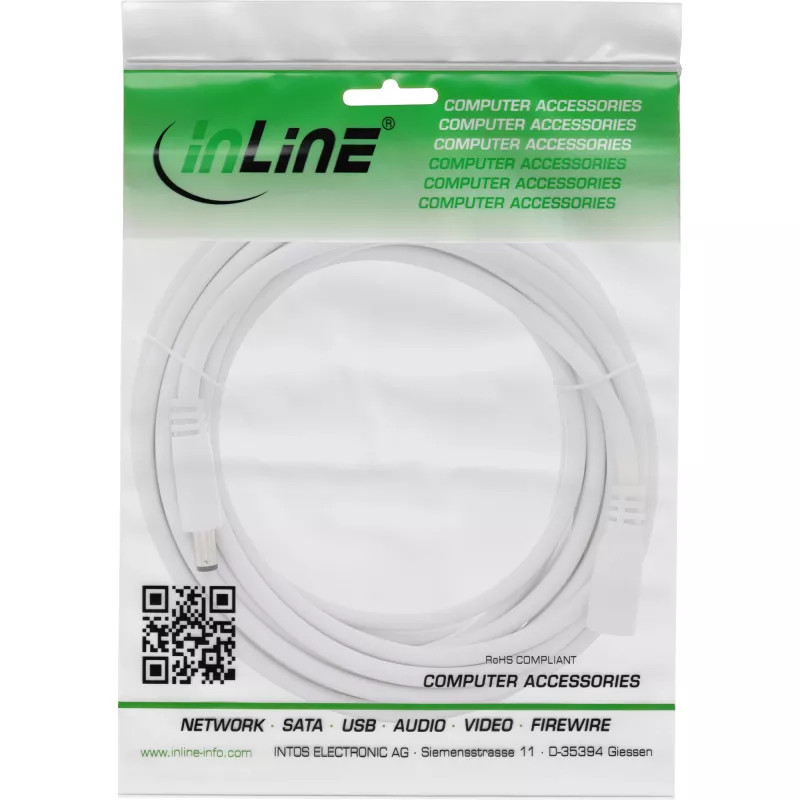 Cabo de extensão DC InLine, ficha/conector fêmea DC 5,5x2,5mm, AWG 18, branco 3m
