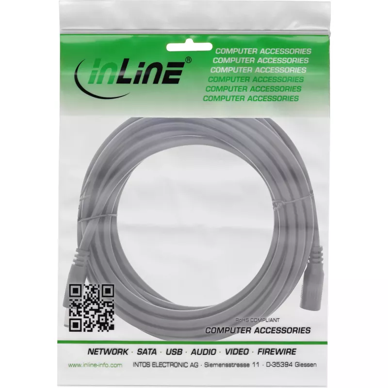 Cabo de extensão DC InLine, ficha/conector fêmea DC 5,5x2,5mm, AWG 18, preto 5m