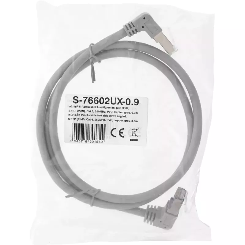 Cabo de rede InLine com ambas as extremidades em ângulo, S/FTP (PiMf), Cat.6, 250 MHz, PVC, cobre, cinzento, 1,1 m