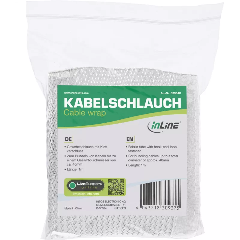 InLine Manga de tecido para cabos com fecho de velcro, 1 m x 40 mm, branco