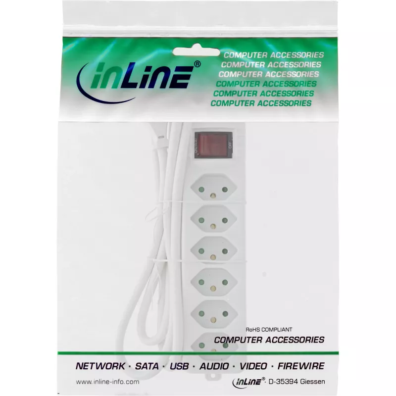 Extensão elétrica múltipla InLine SUÍÇA, 6 tomadas, com interruptor, 1,5 m, branco