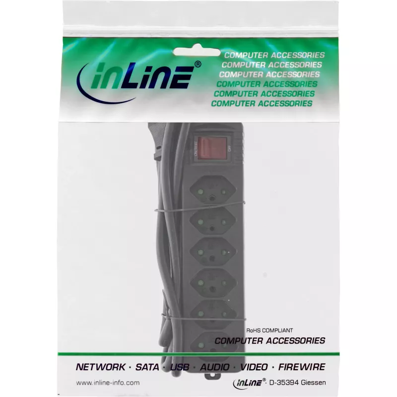 Régua de tomadas InLine 6 tomadas tipo suíço com interruptor de rede preto 1,5 m