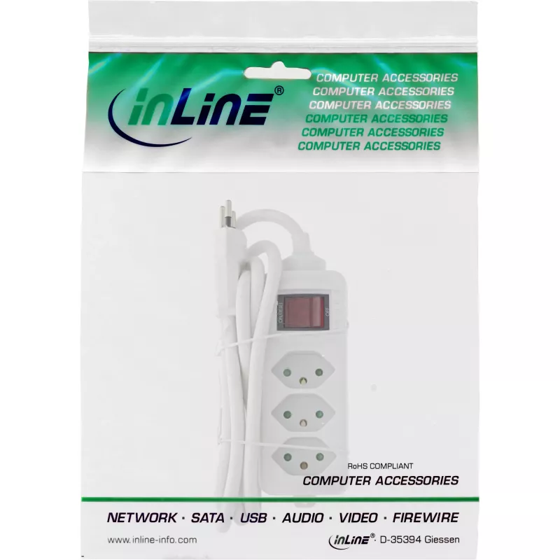 Régua de tomadas InLine SUÍÇA, 3 tomadas, com interruptor, 1,5 m, branco