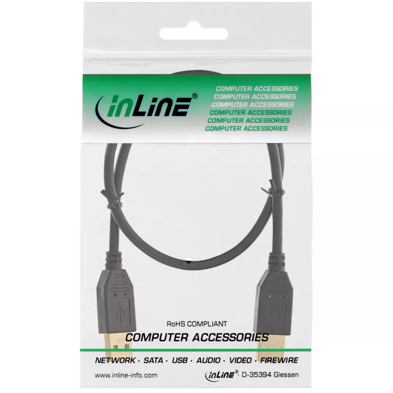 Cabo USB 2.0 InLine, AM/AM, preto, contactos banhados a ouro, 3 m