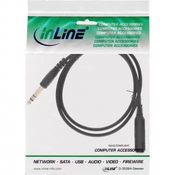 Cabo de extensão para auscultadores InLine 6,3 mm estéreo M/F, banhado a ouro, preto, 1 m