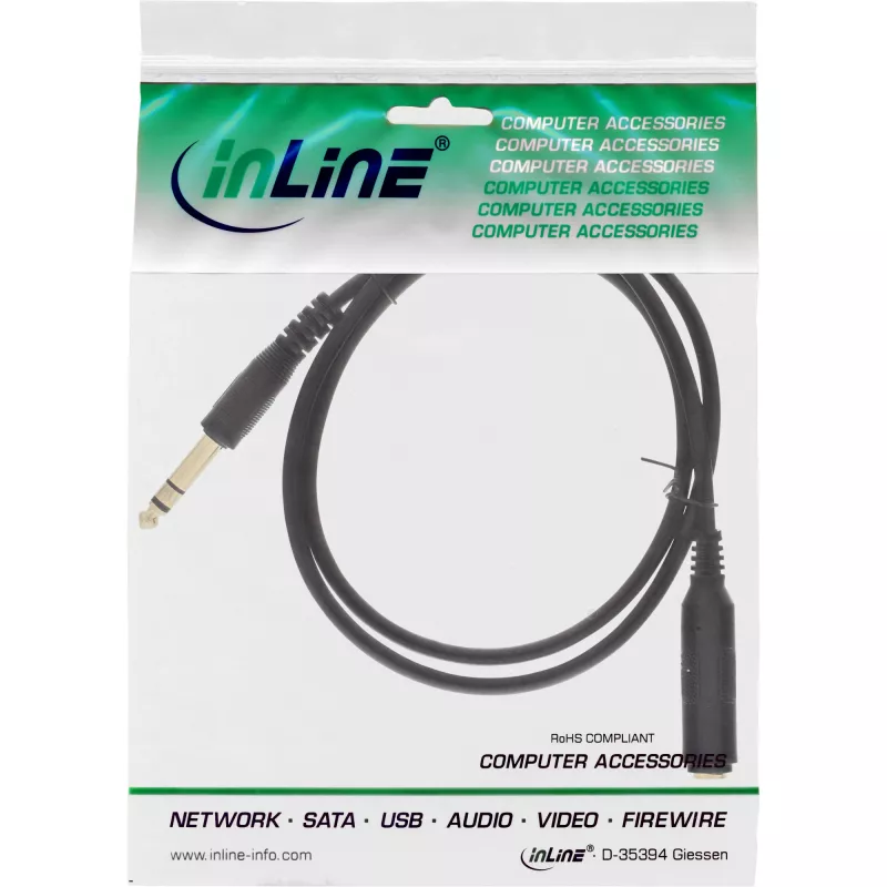 Cabo de extensão para auscultadores InLine 6,3 mm estéreo M/F, banhado a ouro, preto, 1 m