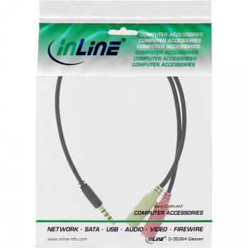Cabo adaptador de áudio InLine para headset jack 3,5 mm ficha 4 polos / 2x 3,5 mm, preto, 1 m