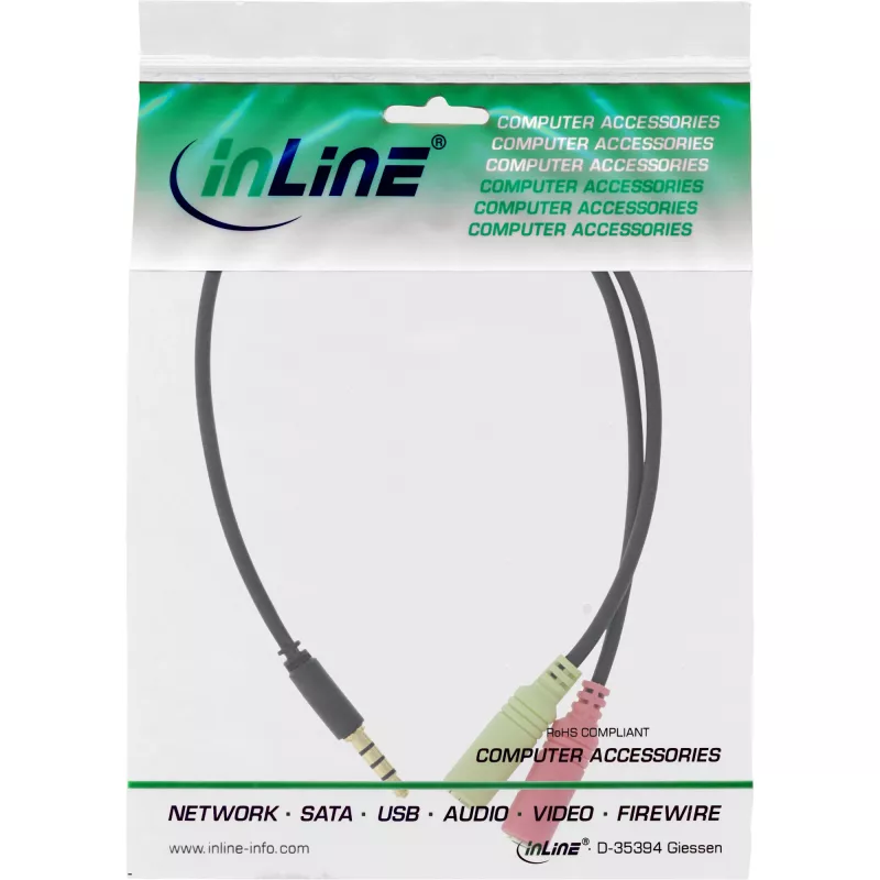 Cabo adaptador de áudio InLine para headset jack 3,5 mm ficha 4 polos / 2x 3,5 mm, preto, 2 m