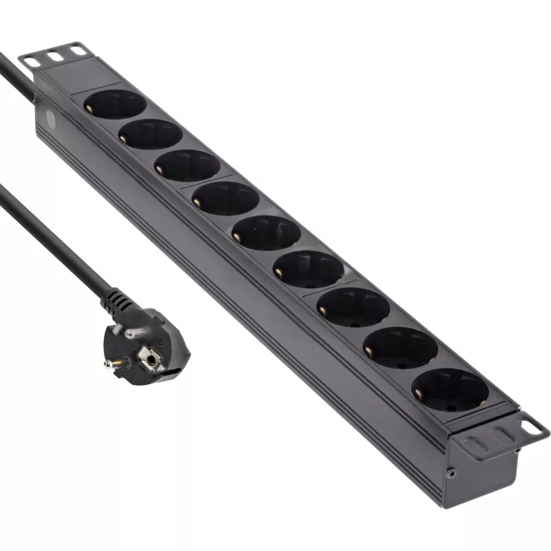 Régua de tomadas InLine 19 polegadas, 9 tomadas Schuko, sem interruptor, 2 m, preto