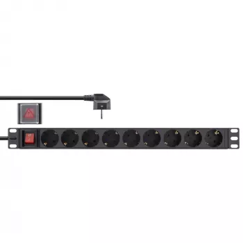 Régua de tomadas InLine 19 polegadas, 9 tomadas Schuko, com interruptor, 2m, preto