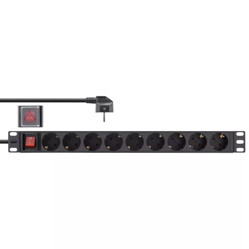 Régua de tomadas InLine 19 polegadas, 9 tomadas Schuko, com interruptor, 2m, preto