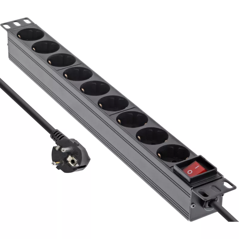 Régua de tomadas InLine 19 polegadas, 9 tomadas Schuko, com interruptor, 2m, preto
