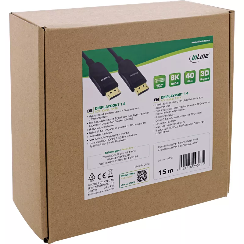 Cabo DisplayPort 1.4 AOC InLine, 8K4K, preto, 15 m