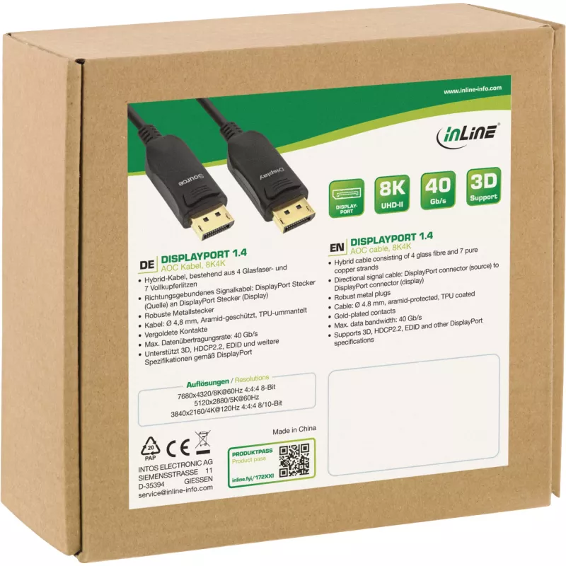 Cabo DisplayPort 1.4 AOC InLine, 8K4K, preto, 10m, 10 m, DisplayPort, DisplayPort, ficha, ficha, 7680 x 4320 píxeis