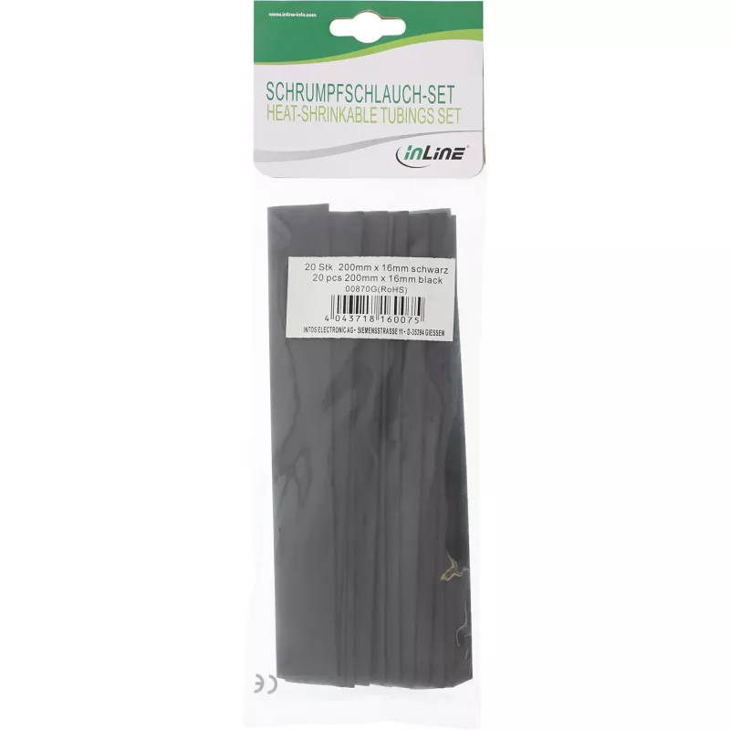 Termorretrátil InLine 200 mm, diâmetro 16 mm → 8 mm, 20 unid., preto
