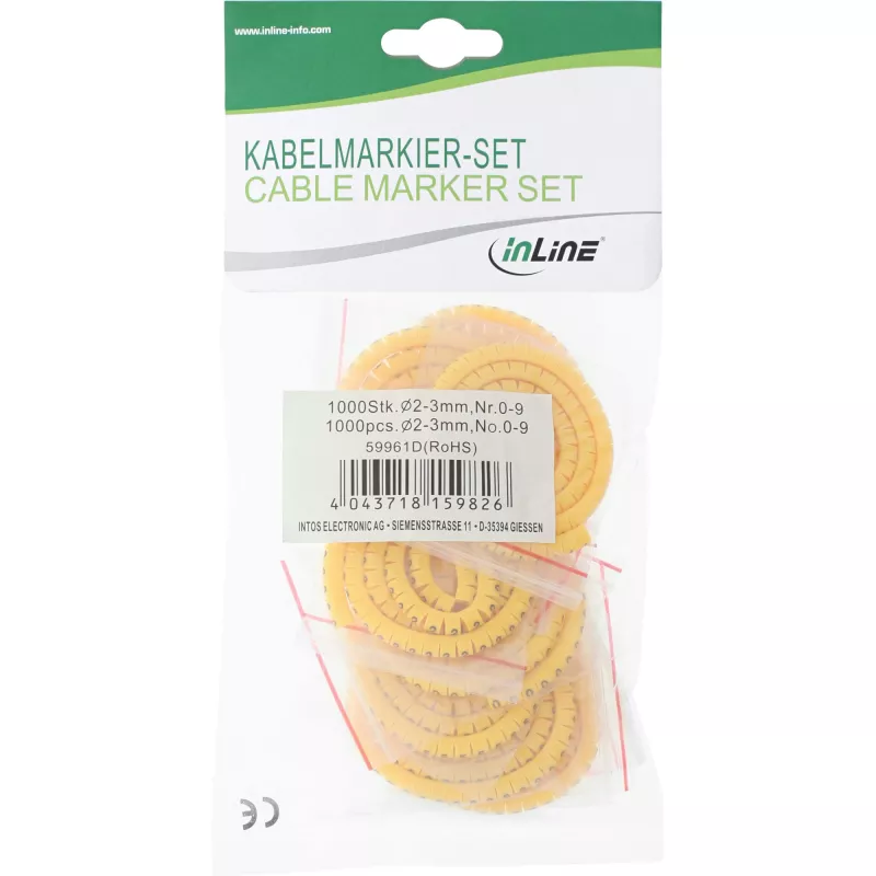 InLine anéis de marcação de cabos 3,6–7,4 mm, dígitos 0–9, 1000 unid., amarelo