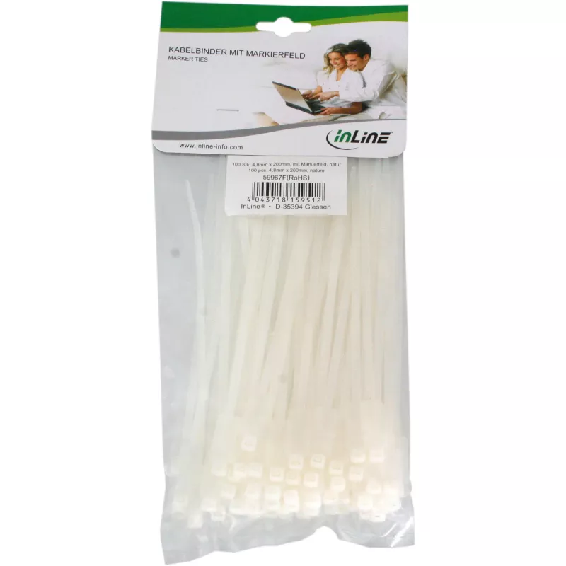 InLine abraçadeiras para cabos com etiqueta 200 mm x 4,8 mm, nylon, 100 unid., natural