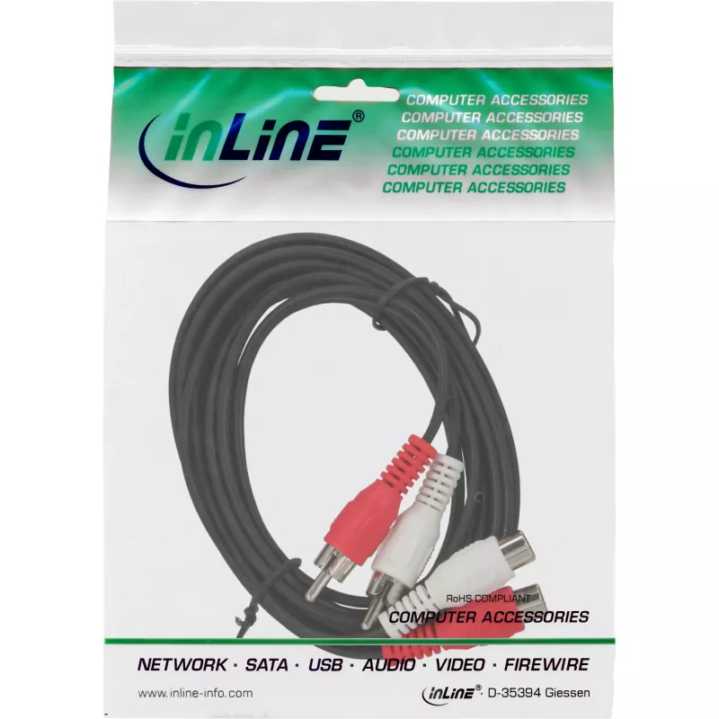 InLine cabo de áudio 2x ficha RCA / conector fêmea 5m, ficha, 2 x RCA, conector fêmea, 5 m, preto