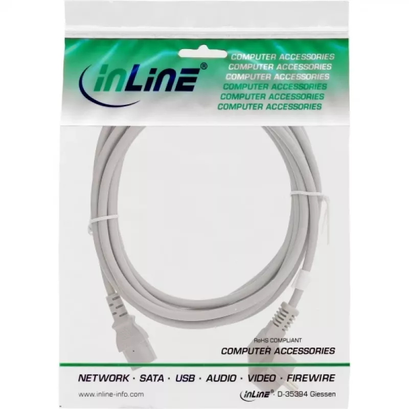 Cabo de alimentação InLine, CEE 7/7 angular / IEC C13 macho 3 polos, cinzento, 1,5 m
