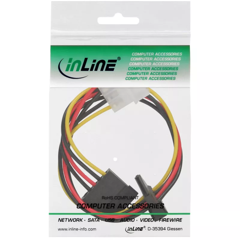 Cabo de alimentação interno InLine 1x 4 pinos Molex / 2x SATA alimentação 0,30 m