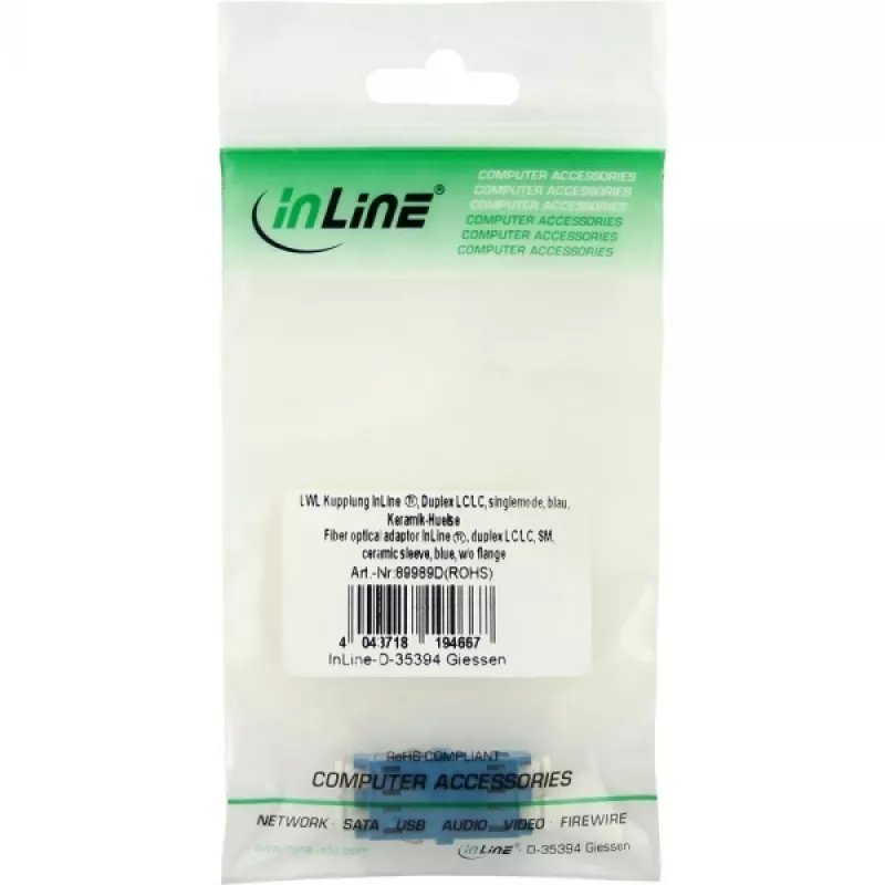 Adaptador de fibra ótica duplex LC/LC SM bucha cerâmica azul InLine 89989D