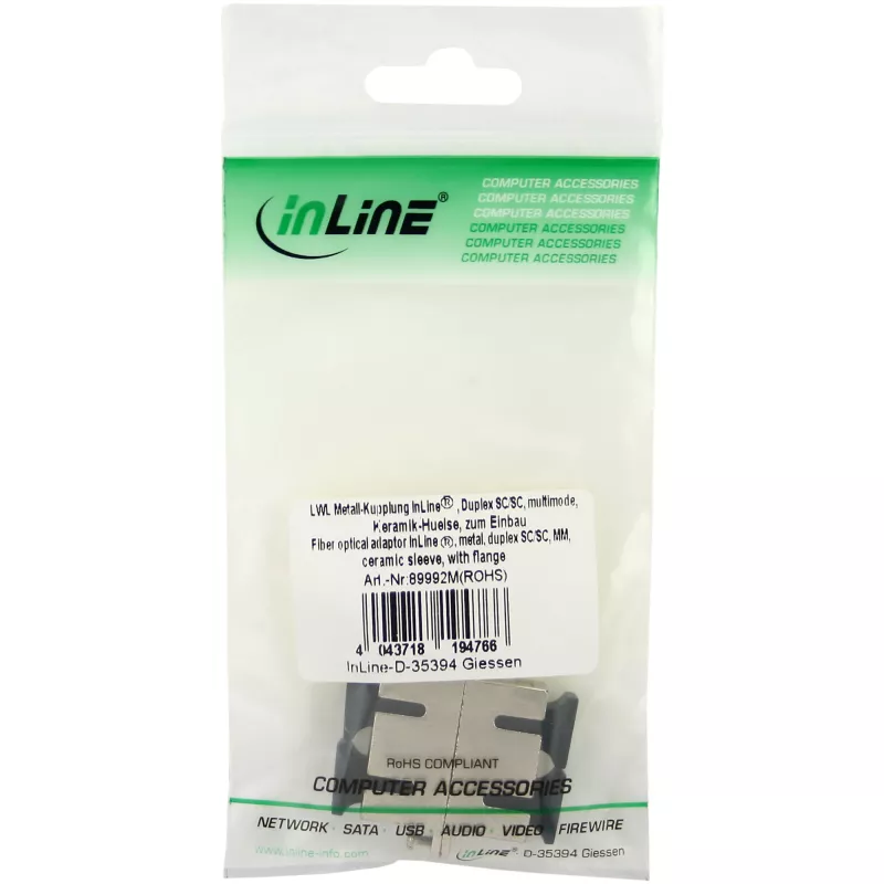 Adaptador de fibra ótica InLine metal duplex SC/SC MM bucha cerâmica com flange