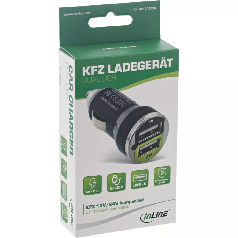 Carregador USB para automóvel InLine + fonte de alimentação para qualquer dispositivo USB 12/24V para 5V DC/2,1A