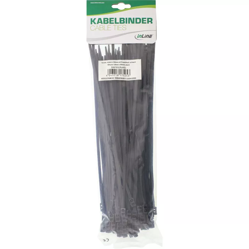 Abraçadeiras de cabos de cabeça dupla montáveis InLine 300 mm x 4,8 mm, nylon, preto, 100 unid.